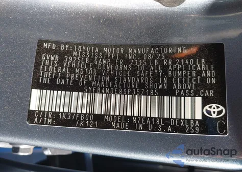 2025 Toyota Corolla Le z USA, uszkodzony, nr VIN 5YFB4MDE8SP357185